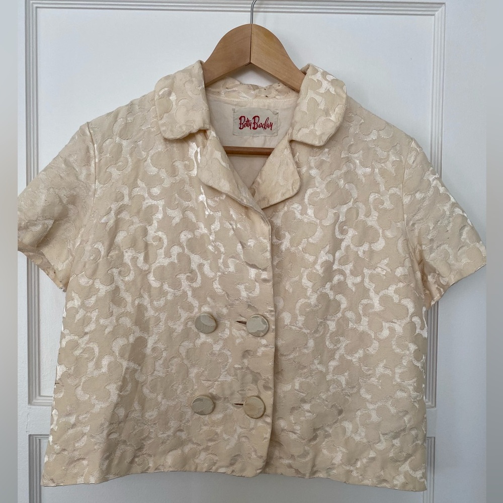 Vintage Betty Barclay womans waistcoat lady coat brocade floral short sleeve VTG
